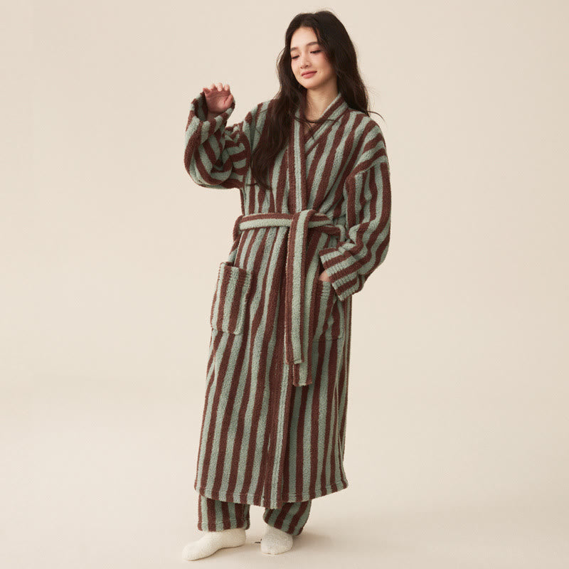 Striped Fleece Bathrobe, Soft Plush Robe, Unisex Loungewear, Indoor Outdoor