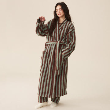 Striped Fleece Bathrobe, Soft Plush Robe, Unisex Loungewear, Indoor Outdoor