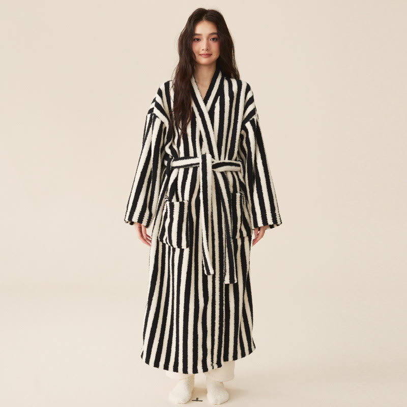 Striped Fleece Bathrobe for Indoor and Outdoor Lounge Wear