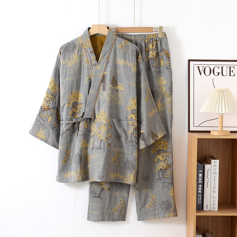 Cotton Kimono Style Pajama Set with Landscape Print