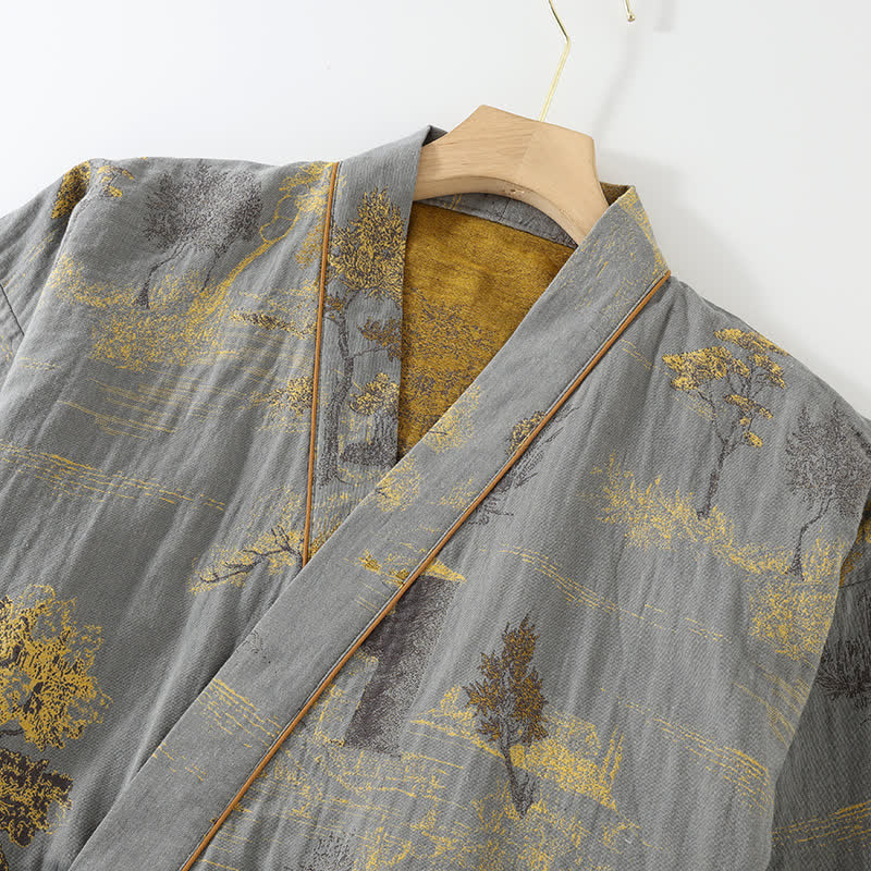 Cotton Kimono Style Pajama Set with Landscape Print
