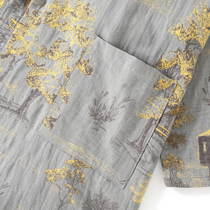 Cotton Kimono Style Pajama Set with Landscape Print