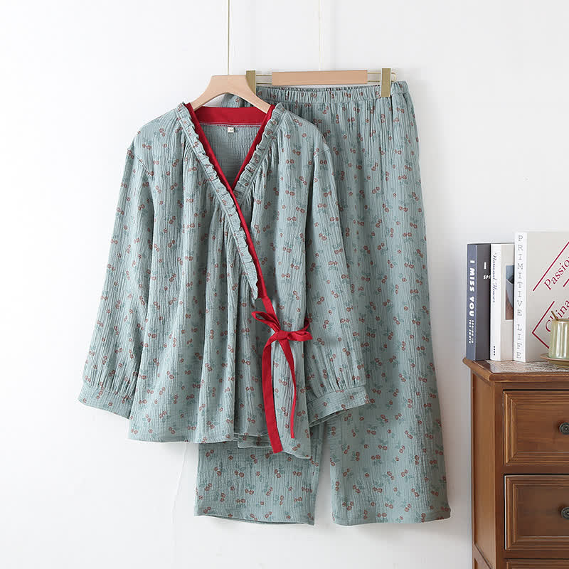Cotton Gauze Kimono Pajama Set with Rose Pattern