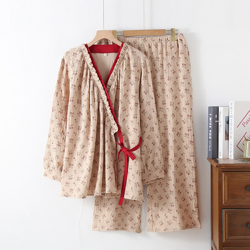 Cotton Gauze Kimono Pajama Set with Rose Pattern