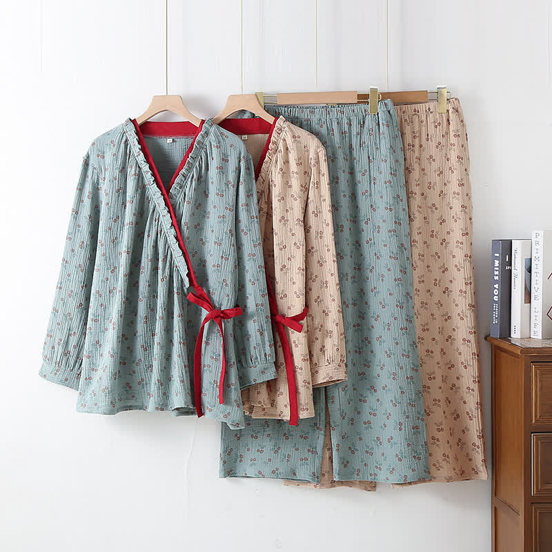 Cotton Gauze Kimono Pajama Set with Rose Pattern