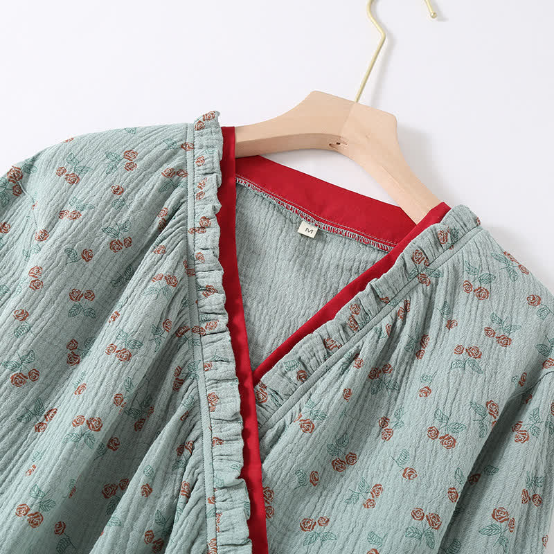 Cotton Gauze Kimono Pajama Set with Rose Pattern