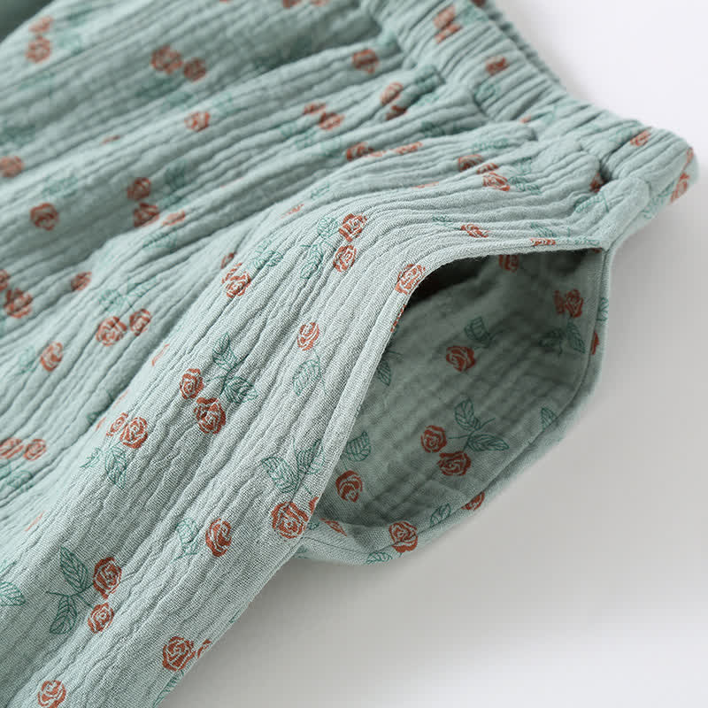Cotton Gauze Kimono Pajama Set with Rose Pattern