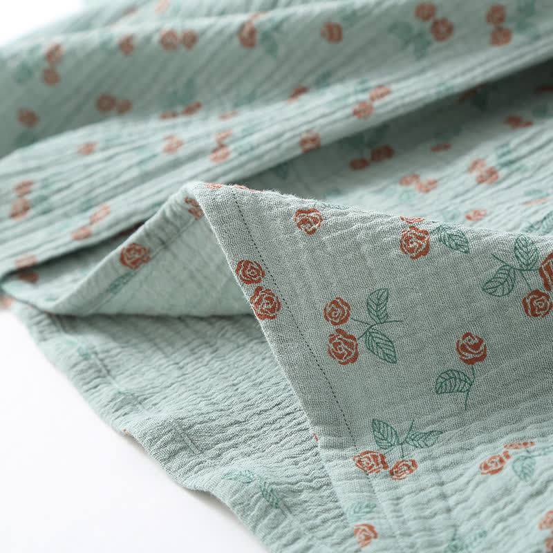 Cotton Gauze Kimono Pajama Set with Rose Pattern