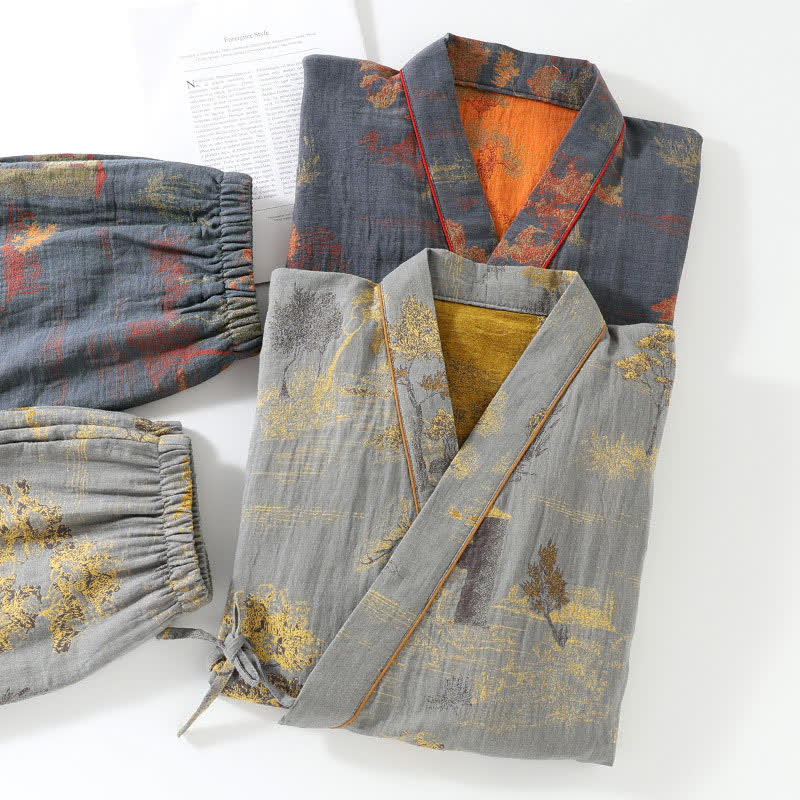 Cotton Kimono Style Pajama Set with Landscape Print