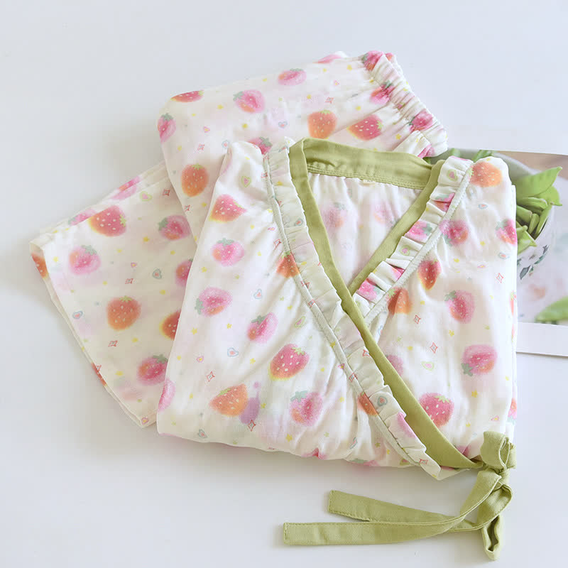 Cotton Gauze Nightwear Set with Strawberry Jacquard Pattern