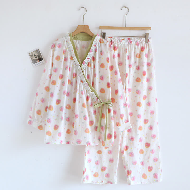 Cotton Gauze Nightwear Set with Strawberry Jacquard Pattern