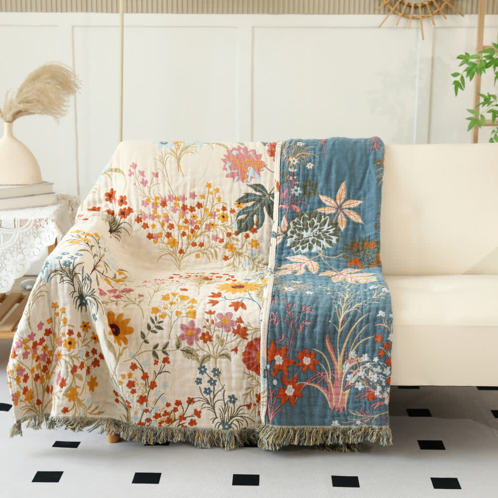 Reversible Cotton Gauze Floral Quilt for Bed and Sofa Layering