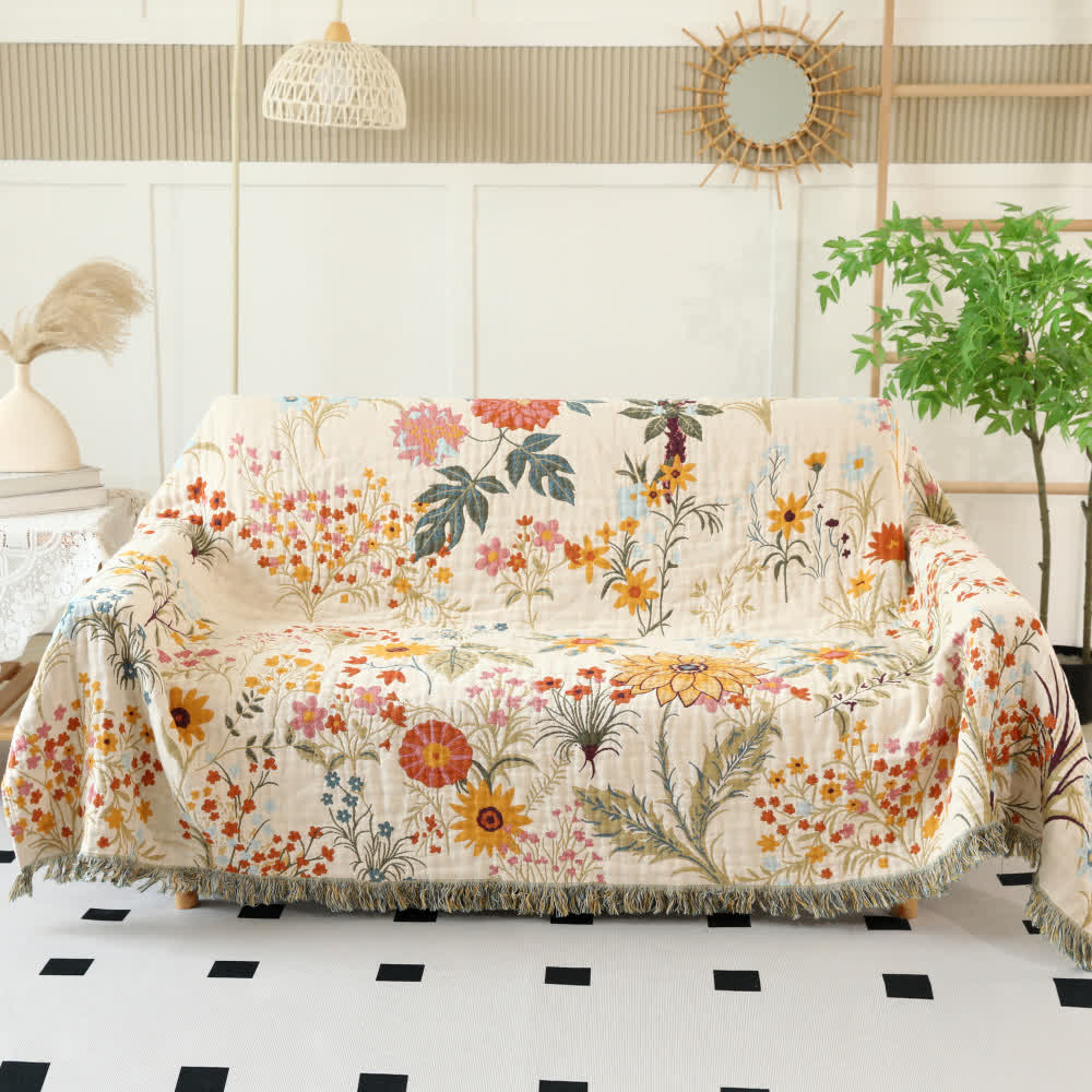 Reversible Cotton Gauze Floral Quilt for Bed and Sofa Layering