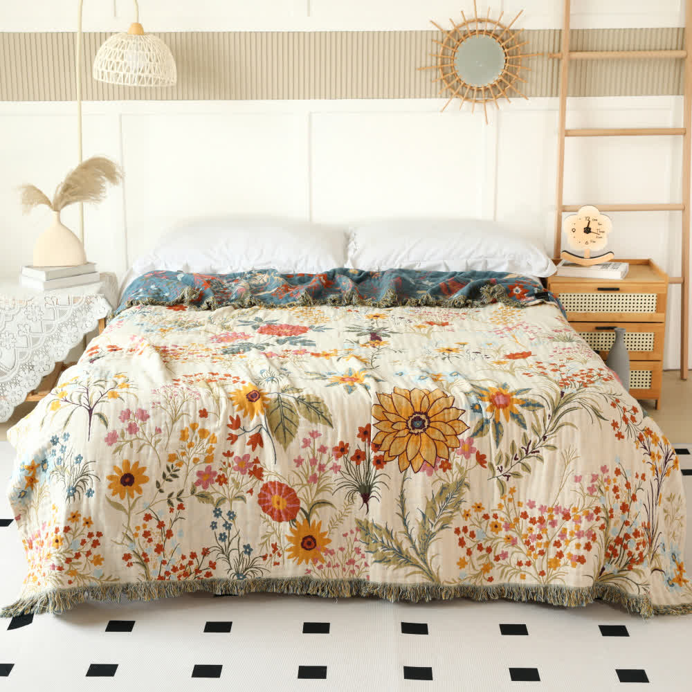 Reversible Cotton Gauze Floral Quilt for Bed and Sofa Layering