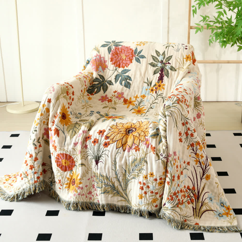 Reversible Cotton Gauze Floral Quilt for Bed and Sofa Layering