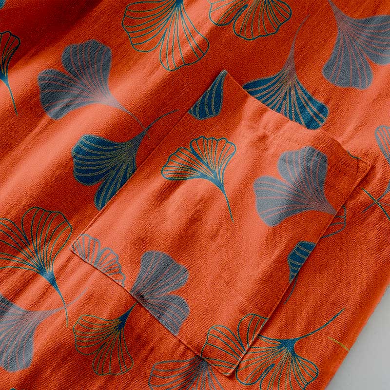 Cotton Gauze Kimono Robe with Ginkgo Leaf Pattern