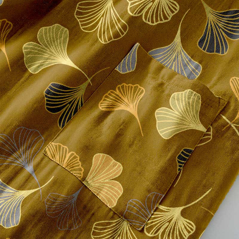 Cotton Gauze Kimono Robe with Ginkgo Leaf Pattern