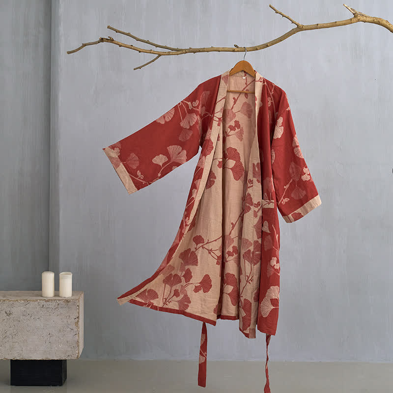 Reversible Cotton Gauze Kimono Robe with Ginkgo Print