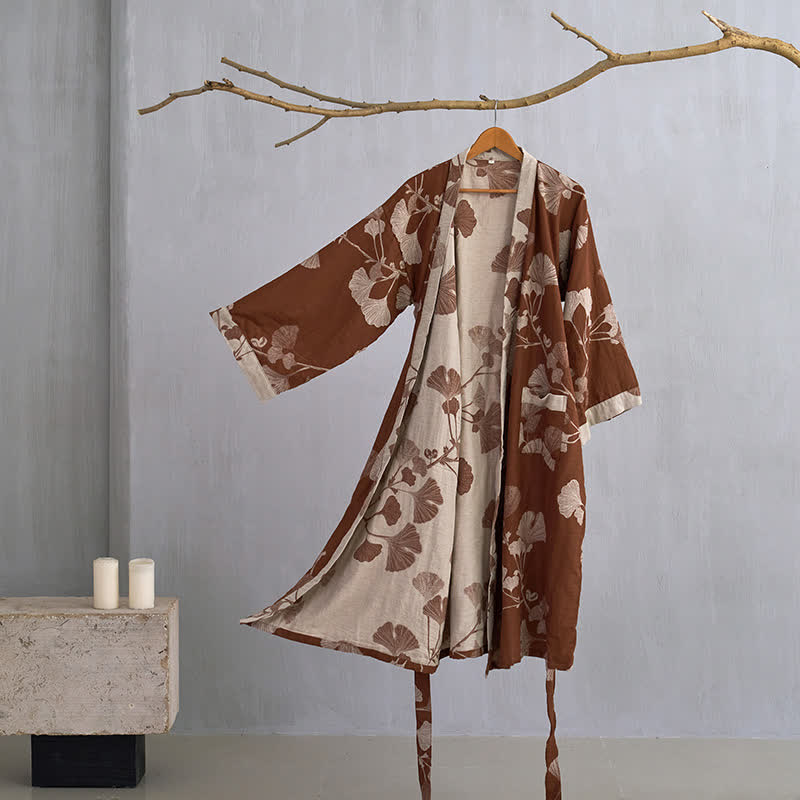 Reversible Cotton Gauze Kimono Robe with Ginkgo Print