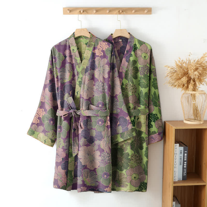 Two Tone Cotton Gauze Kimono Robe for Bath and Lounge