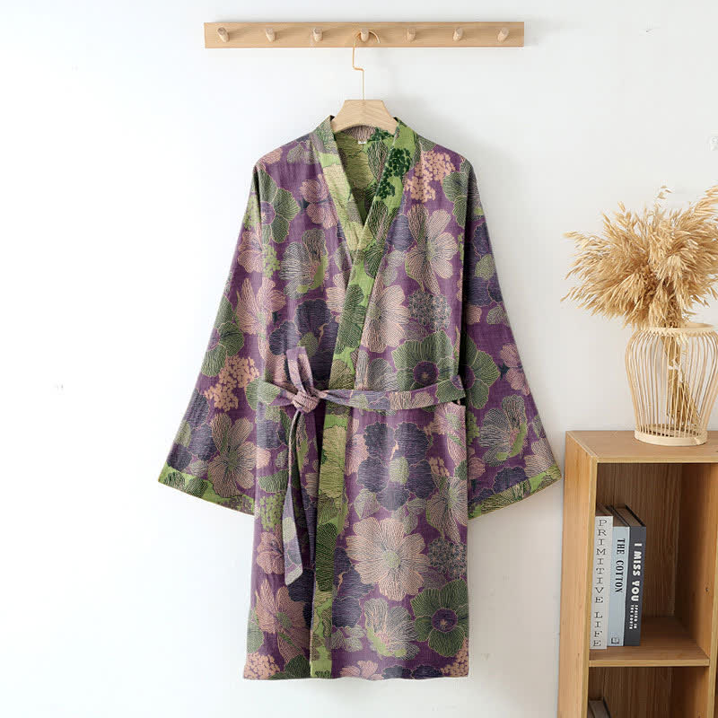 Two Tone Cotton Gauze Kimono Robe for Bath and Lounge