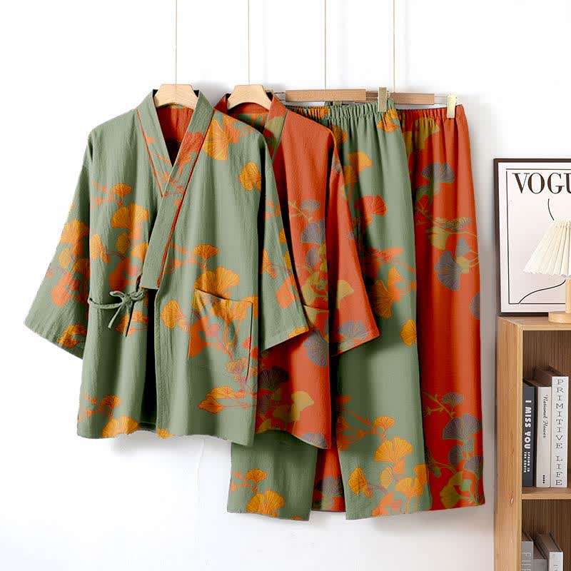 Cotton Kimono Pajama Set with Ginkgo Leaf Pattern