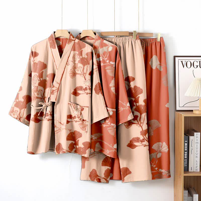 Cotton Kimono Pajama Set with Ginkgo Leaf Pattern
