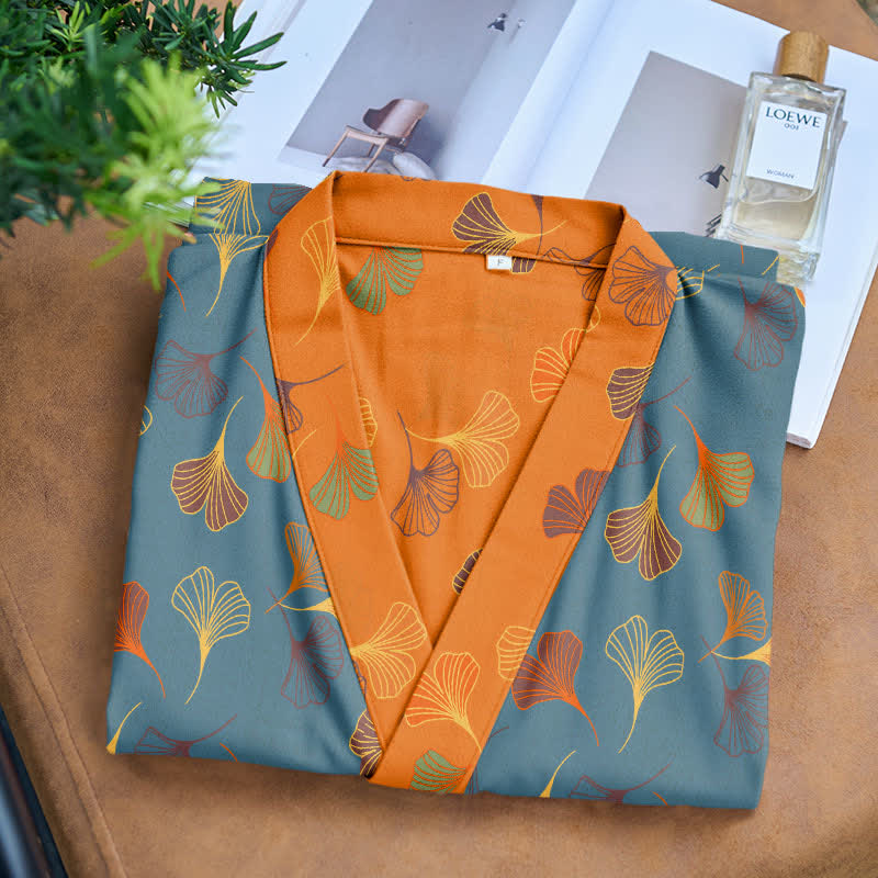 Cotton Gauze Kimono Robe with Ginkgo Leaf Pattern