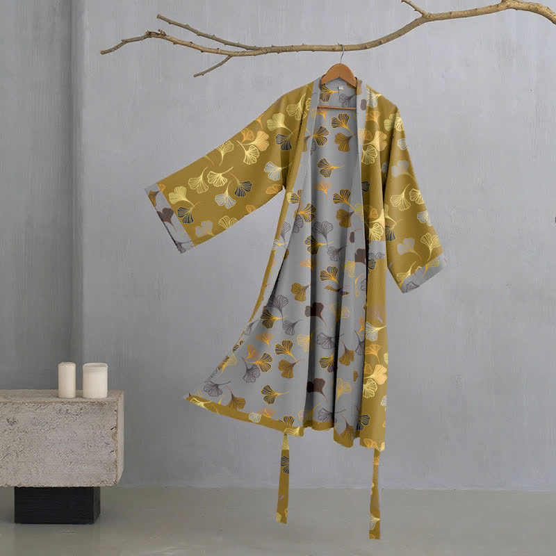 Cotton Gauze Kimono Robe with Ginkgo Leaf Pattern