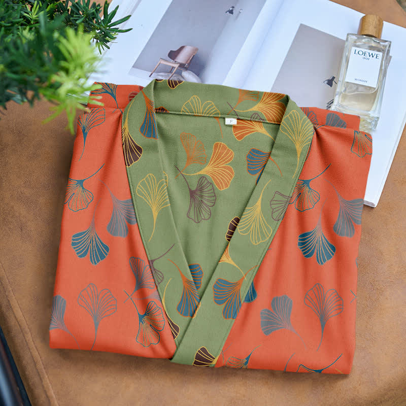 Cotton Gauze Kimono Robe with Ginkgo Leaf Pattern