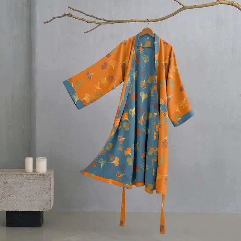 Cotton Gauze Kimono Robe with Ginkgo Leaf Pattern