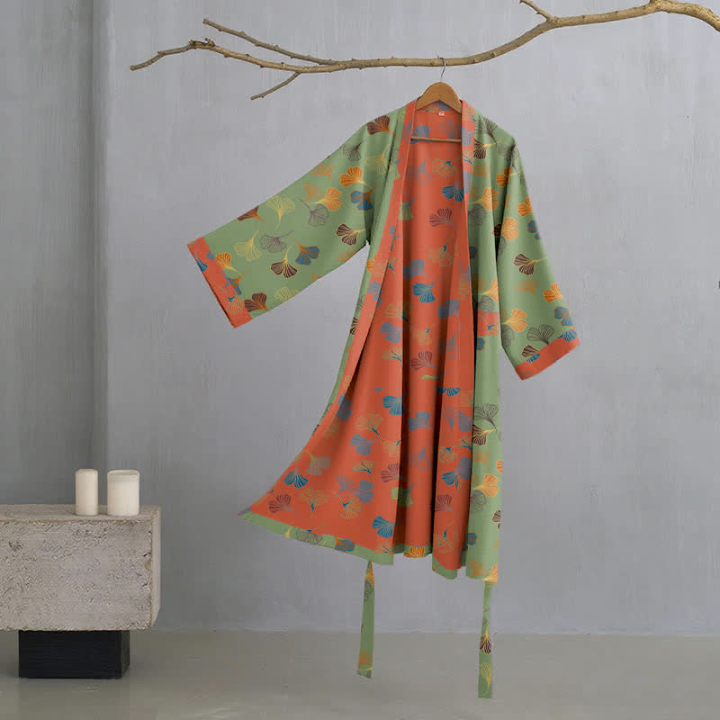 Cotton Gauze Kimono Robe with Ginkgo Leaf Pattern