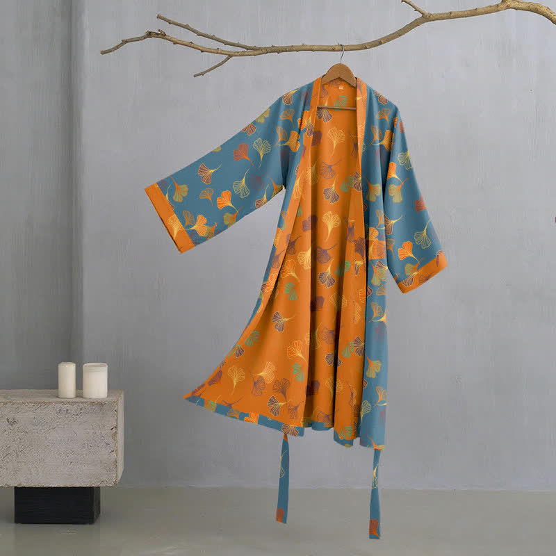 Cotton Gauze Kimono Robe with Ginkgo Leaf Pattern