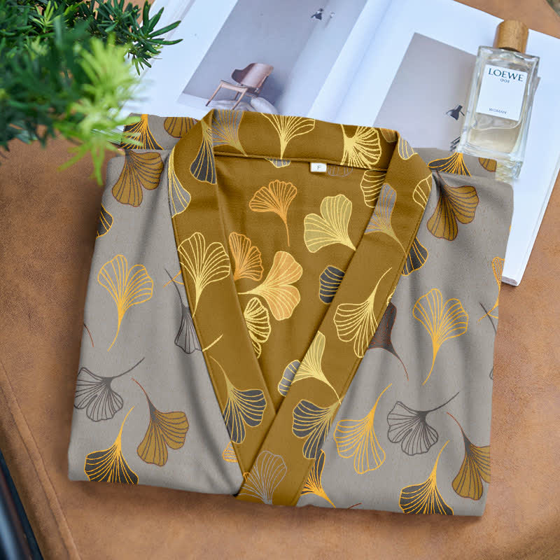 Cotton Gauze Kimono Robe with Ginkgo Leaf Pattern