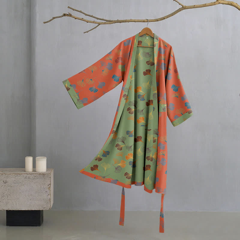 Cotton Gauze Kimono Robe with Ginkgo Leaf Pattern