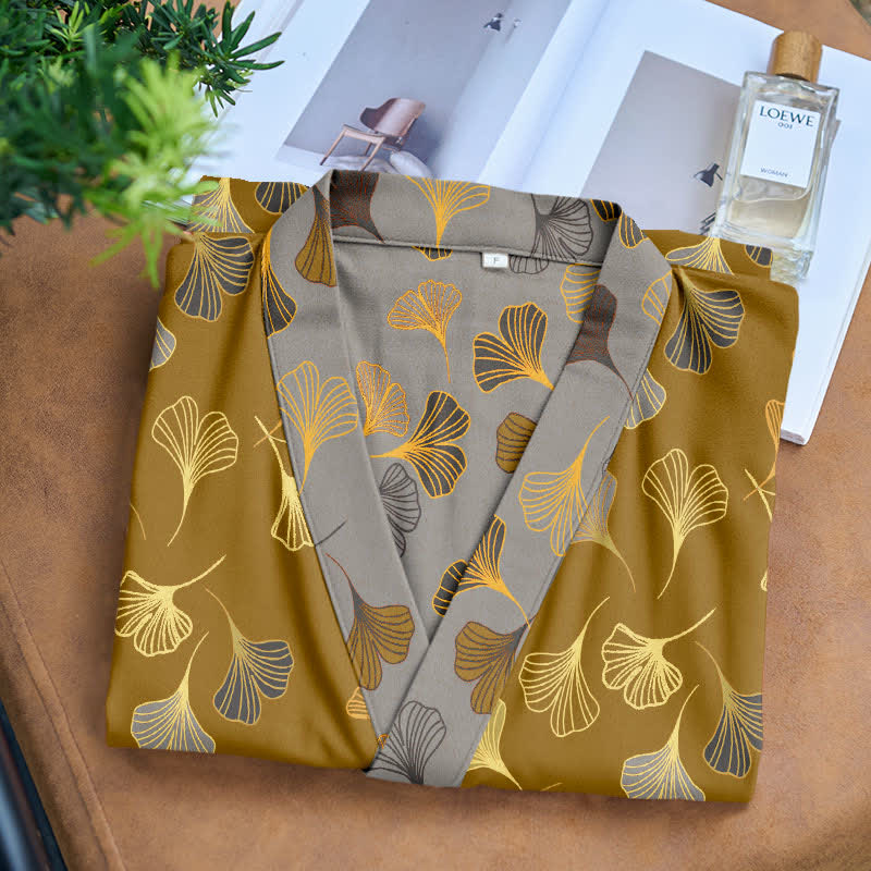 Cotton Gauze Kimono Robe with Ginkgo Leaf Pattern