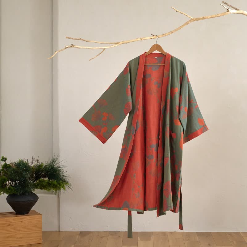 Reversible Cotton Gauze Kimono Robe with Ginkgo Print