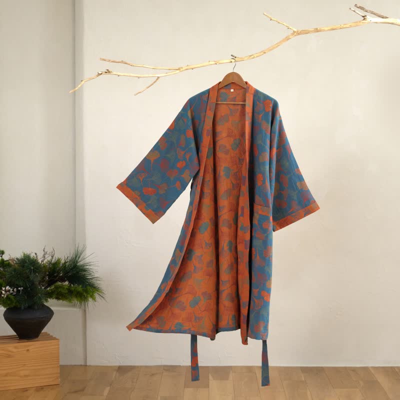 Cotton Gauze Kimono Robe with Ginkgo Leaf Pattern