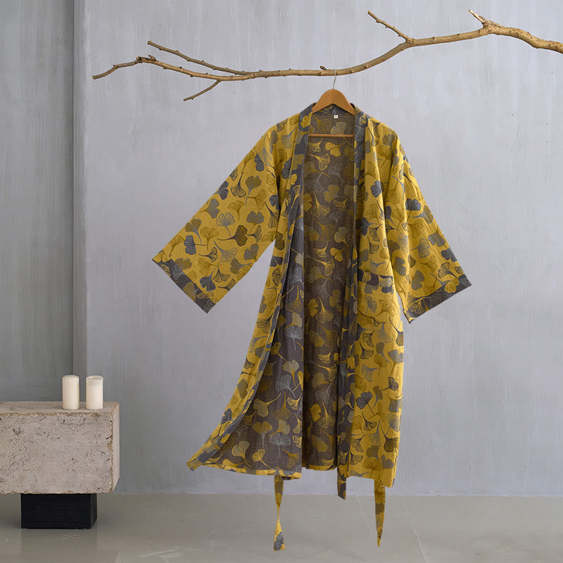 Cotton Gauze Kimono Robe with Ginkgo Leaf Pattern