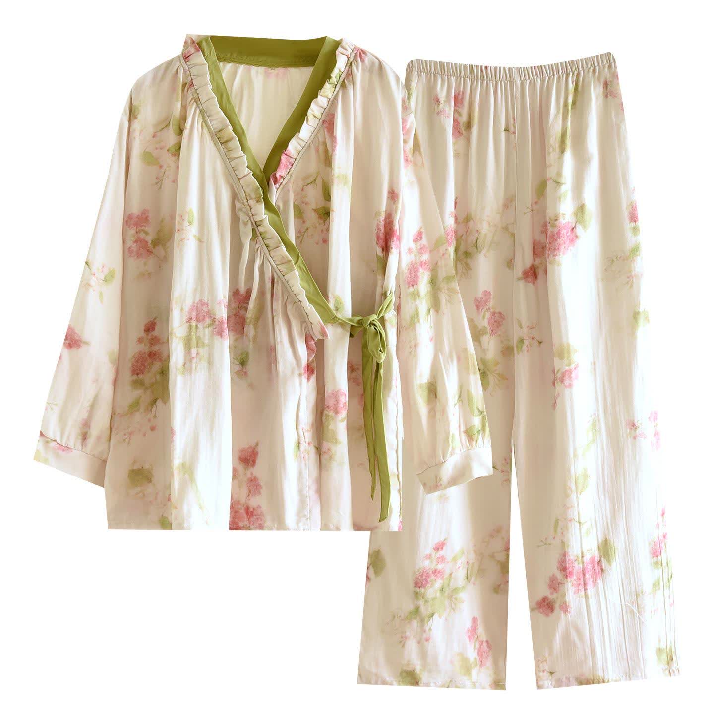 Cotton Gauze Kimono Loungewear Set with Peony Pattern