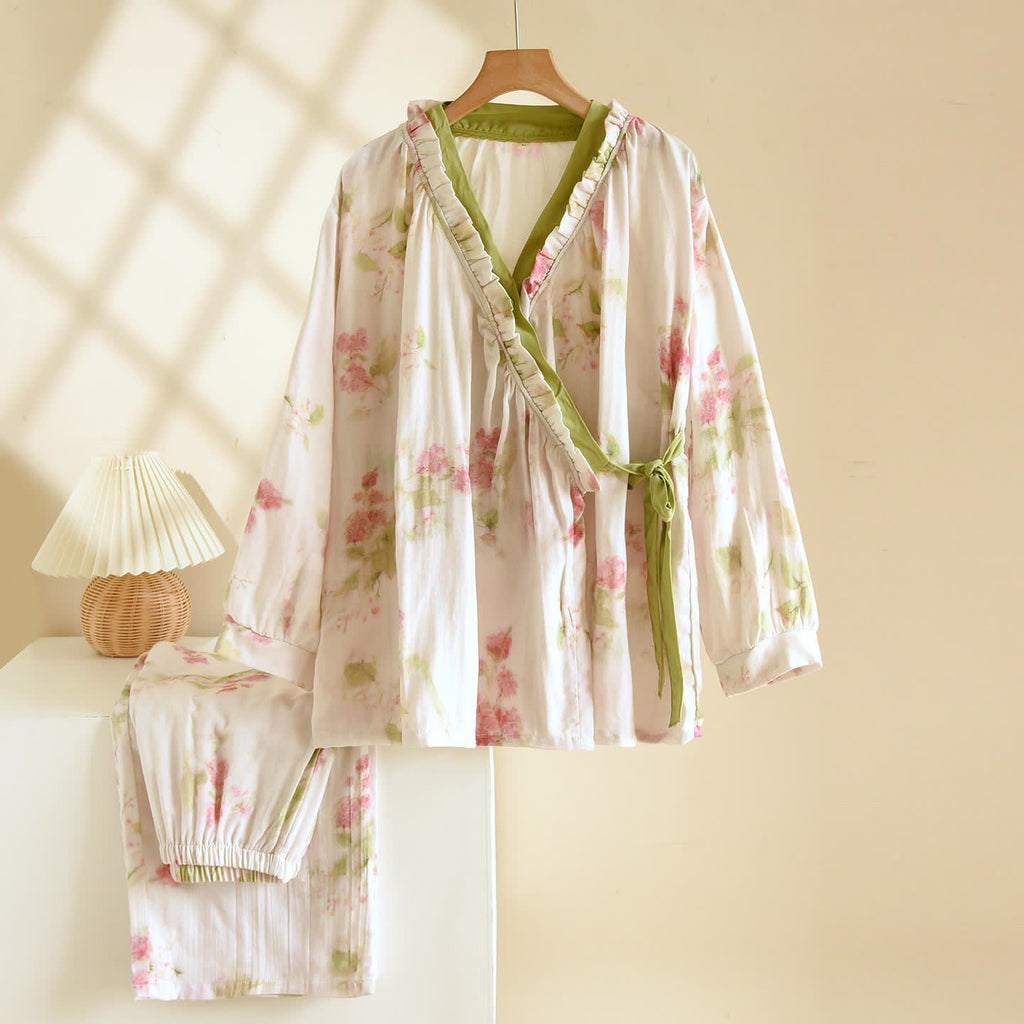 Cotton Gauze Kimono Loungewear Set with Peony Pattern