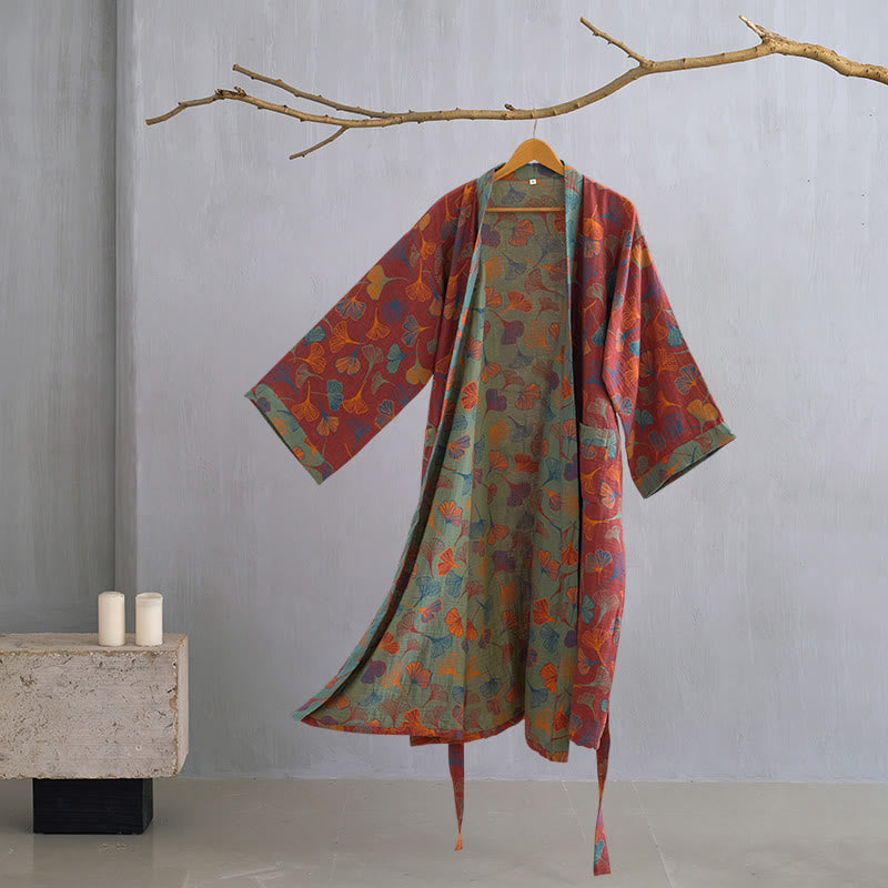 Cotton Gauze Kimono Robe with Ginkgo Leaf Pattern