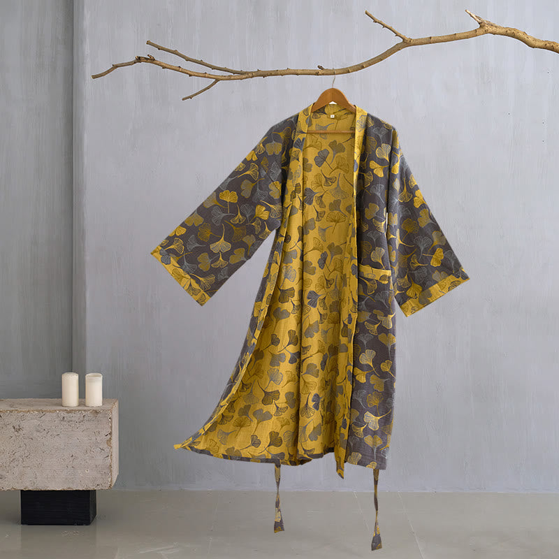 Cotton Gauze Kimono Robe with Ginkgo Leaf Pattern