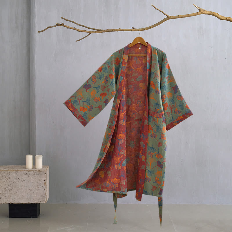 Cotton Gauze Kimono Robe with Ginkgo Leaf Pattern