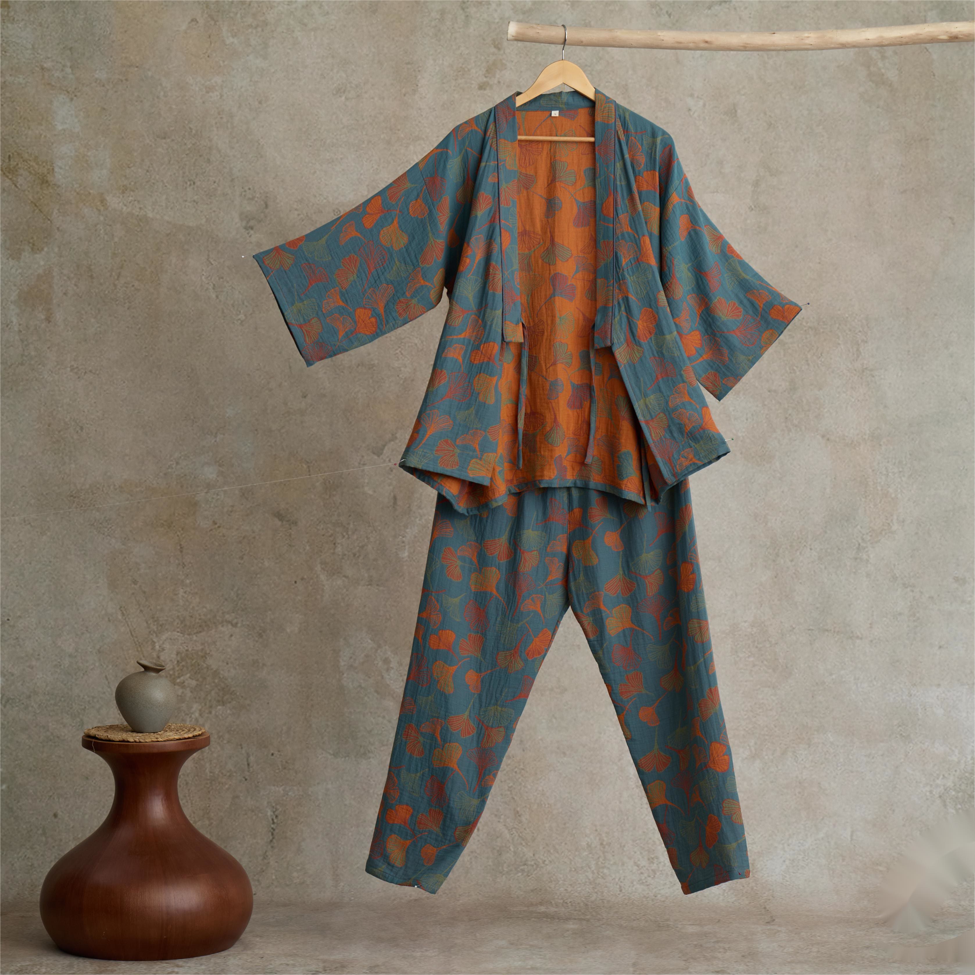 Cotton Gauze Kimono Loungewear Set with Ginkgo Pattern