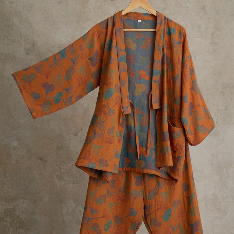 Cotton Gauze Kimono Loungewear Set with Ginkgo Pattern