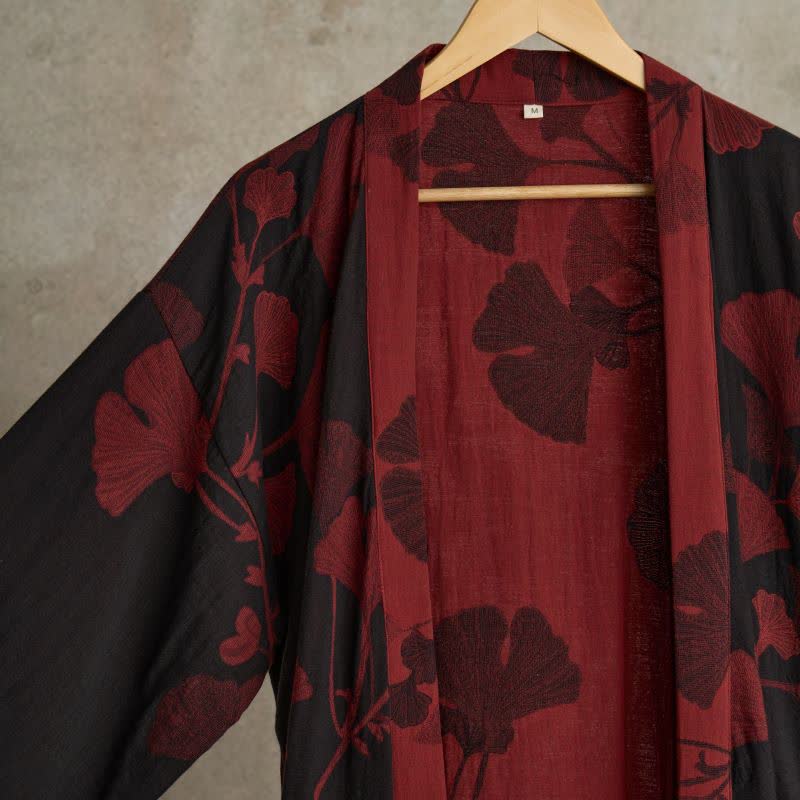 Reversible Cotton Gauze Kimono Robe with Ginkgo Print