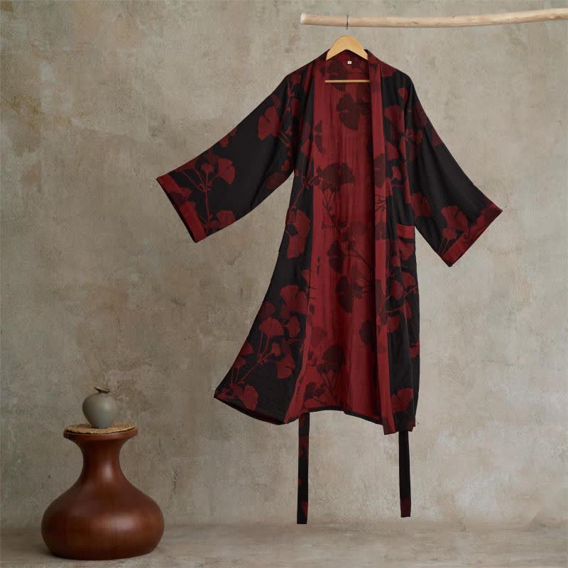 Reversible Cotton Gauze Kimono Robe with Ginkgo Print