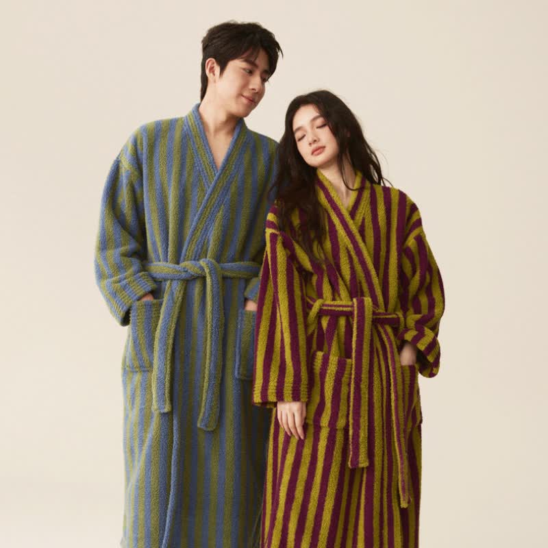 Striped Fleece Bathrobe for Indoor and Outdoor Lounge Wear
