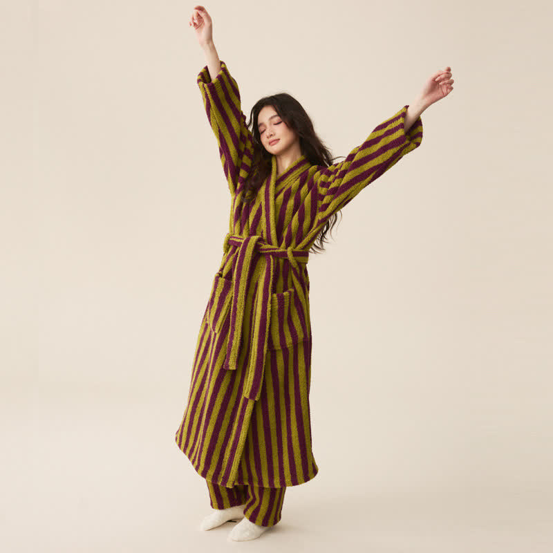Striped Fleece Bathrobe, Soft Plush Robe, Unisex Loungewear, Indoor Outdoor